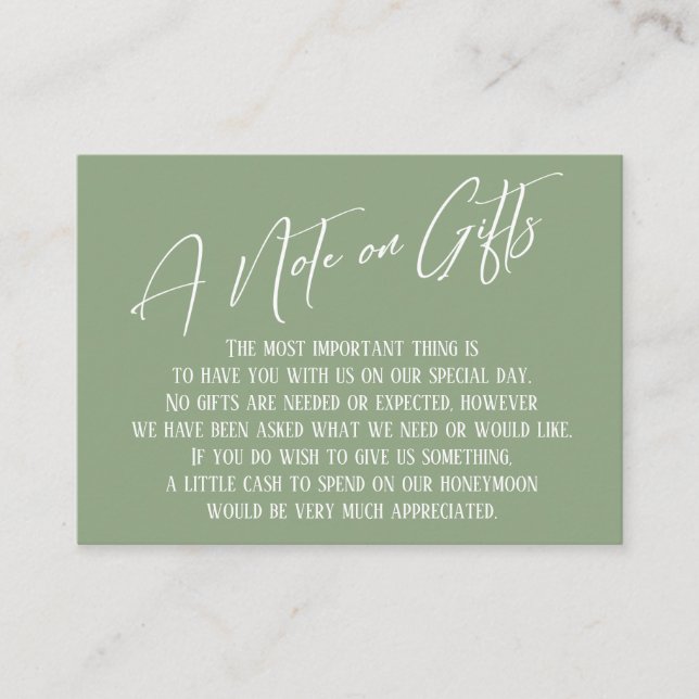 A Note on Gifts Modern Handwriting Sage Green Enclosure Card (Front)