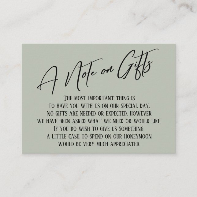 A Note on Gifts Modern Handwriting Wedding Sage Enclosure Card (Front)