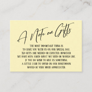 A Note on Gifts Modern Handwriting Wedding Yellow Enclosure Card