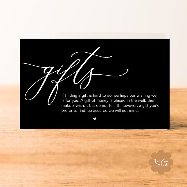 A note on gifts, Modern Romantic Wedding  Enclosure Card (A note on gifts, Modern Romantic Wedding Enclosure Card Cute Heart Honeymoon Cash Classy Black White)