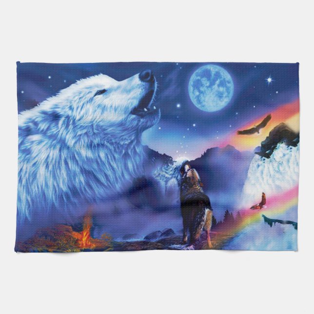 A pack of wolves on a dark night tea towel (Horizontal)