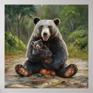 A painting of a bear tenderly holding a baby bear  poster