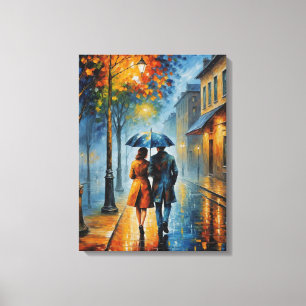 a painting of a couple walking on a rainy street  canvas print