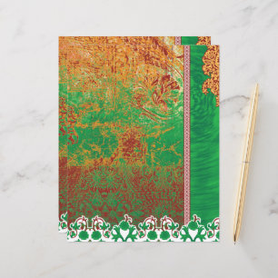 a painting of a green field with an orange border