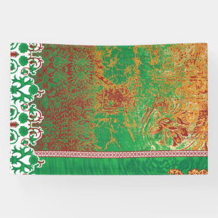 a painting of a green field with an orange border banner