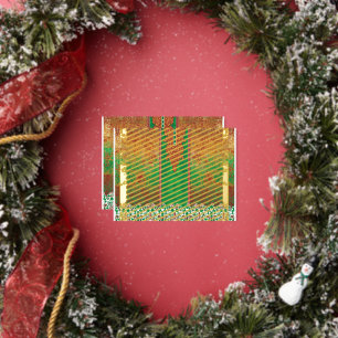 a painting of a green field with an orange border foil holiday postcard