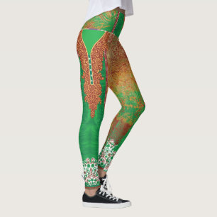 a painting of a green field with an orange border leggings