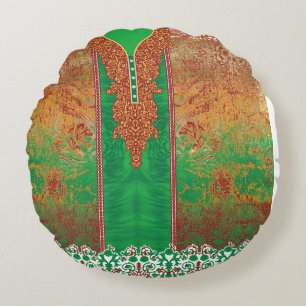 a painting of a green field with an orange border round cushion