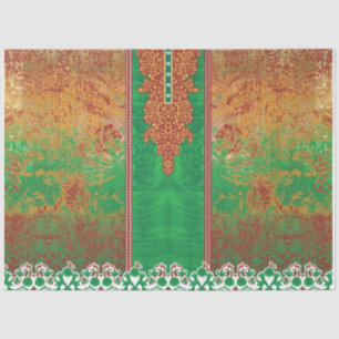 a painting of a green field with an orange border tissue paper