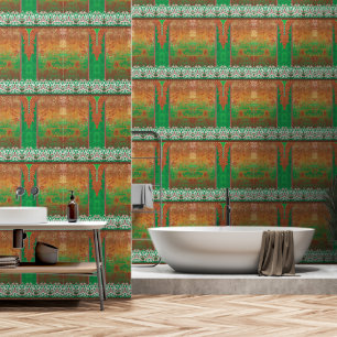 a painting of a green field with an orange border wallpaper