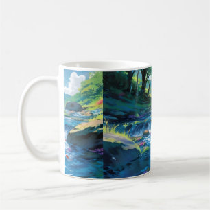 a painting of a river with a painting coffee mug