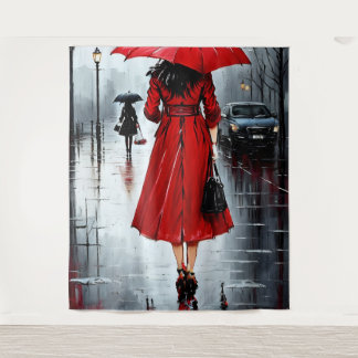 a painting of a woman walking in the rain tapestry