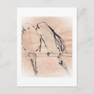 A pair of bonded parakeets in blue postcard