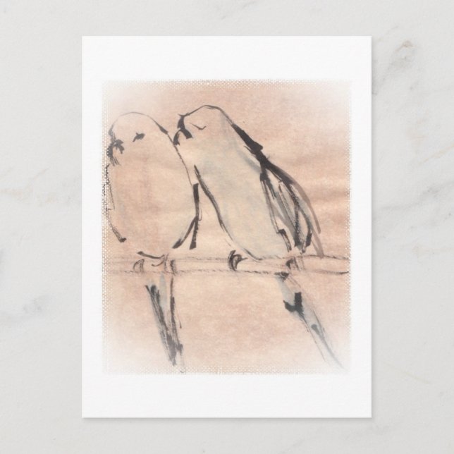 A pair of bonded parakeets in blue postcard (Front)