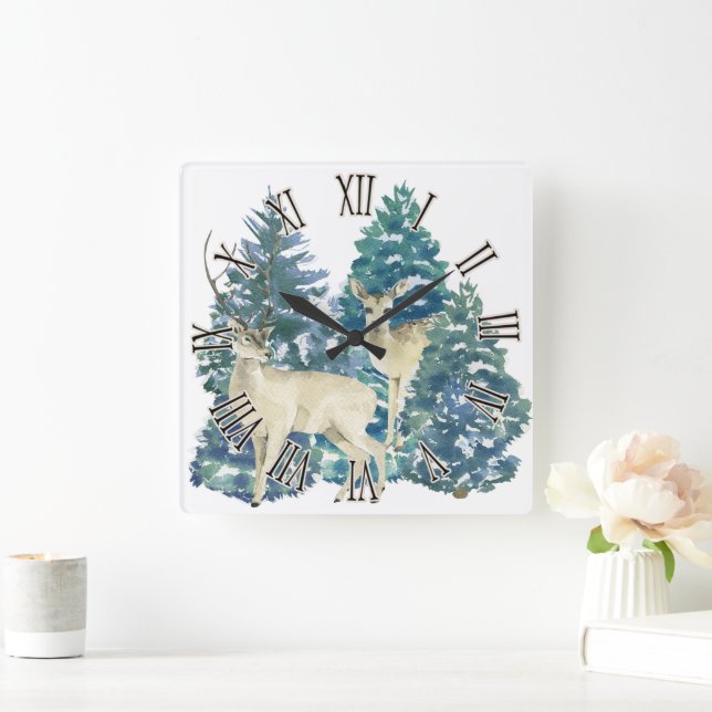 A Pair Of Deer In The Winter Forest Square Wall Clock (Home)