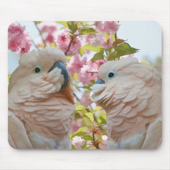 A Pair of Parrots and Crab Apple Blossoms Mousepad (Front)