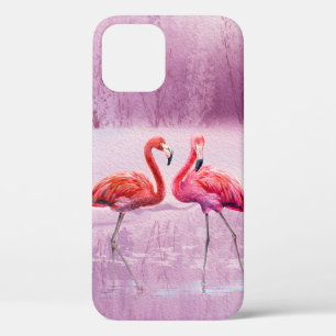 A pair of pink flamingos stand in the water on the iPhone 12 case