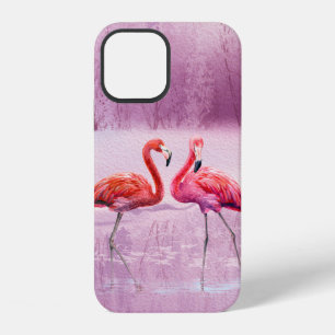 A pair of pink flamingos stand in the water on the iPhone 12 case