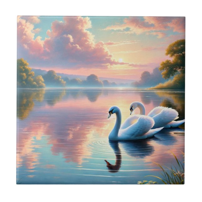 A pair of swans gliding on a serene lake ceramic tile (Front)