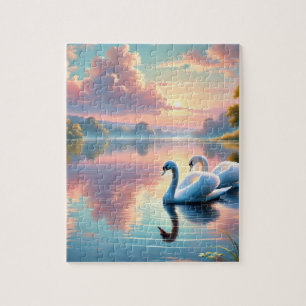 A pair of swans gliding on a serene lake jigsaw puzzle