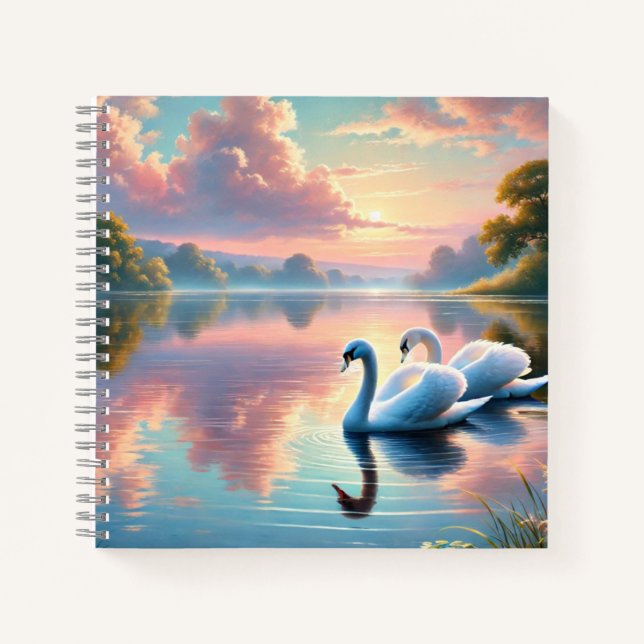 A pair of swans gliding on a serene lake notebook (Front)