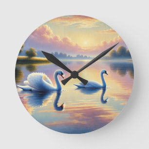 A pair of swans gliding on a serene lake round clock