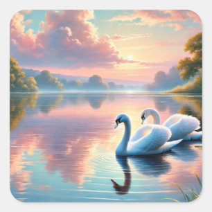 A pair of swans gliding on a serene lake square sticker