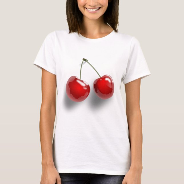A Pair of Two Red Shinny Cherries on their Stem T-Shirt (Front)
