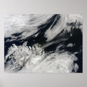 A pale grey ash plume blows from the summit poster