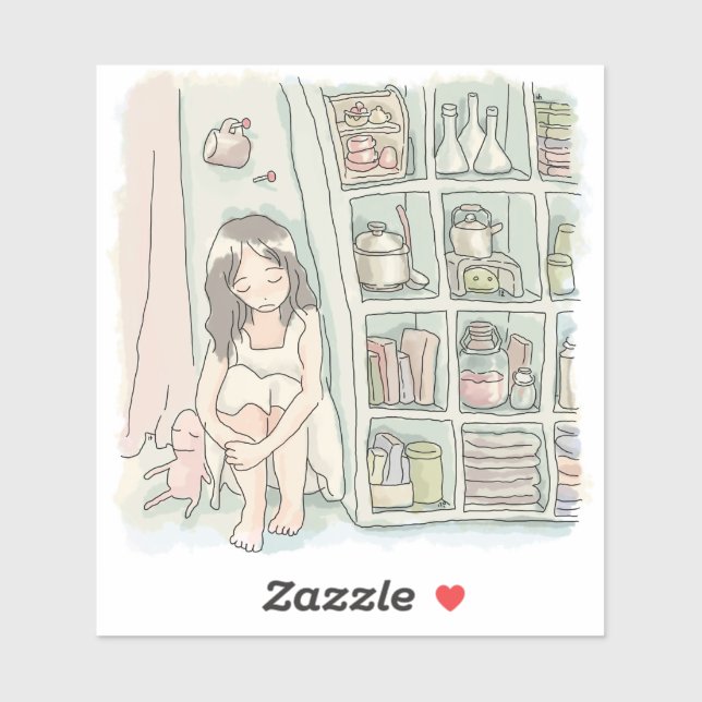 a pale woman's illustration sitting beside a shelf (Sheet)