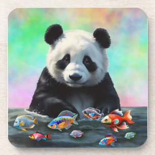 A Panda Gazes Curiously at Swimming Colorful Fish Coaster