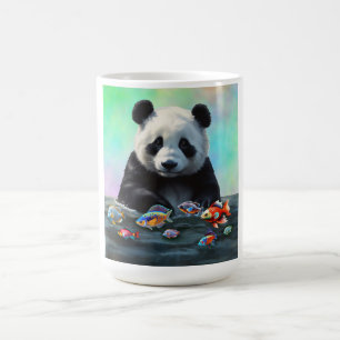 A Panda Gazes Curiously at Swimming Colorful Fish Coffee Mug