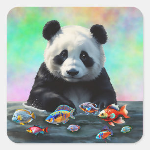 A Panda Gazes Curiously at Swimming Colorful Fish Square Sticker