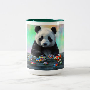 A Panda Gazes Curiously at Swimming Colorful Fish Two-Tone Coffee Mug