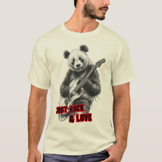A Panda playing Rock with Electric Guitar on Black T-Shirt