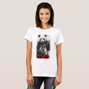 A Panda plays Rock with Electric Guitar on Black T-Shirt