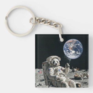 A panda smoking a cigarette on the moon key ring