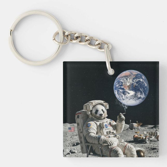 A panda smoking a cigarette on the moon key ring (Front)