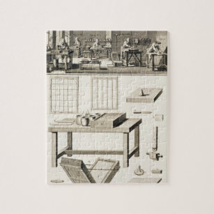 A paper marbler's workshop and tools, from the 'En Jigsaw Puzzle