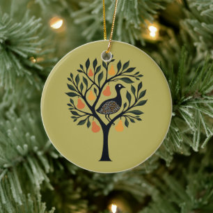 A Partridge In A Pear Tree Cut-Out Stencil Retro 5 Ceramic Ornament