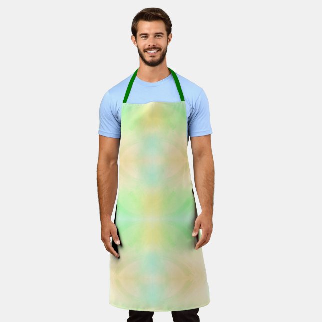 A pastel-coloured apron with a blend of soft green (Worn)