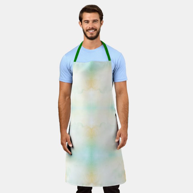 A pastel-coloured apron with a watercolor pattern  (Worn)