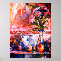 A pastel still life with fruits and aster flowers