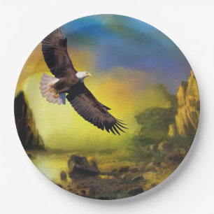 A Patriotic Design with Bald Eagle Flying High Paper Plate