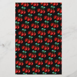 A Pattern Of Red Cherries on Stems Leaves on Black