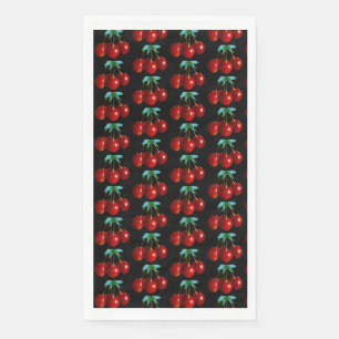 A Pattern Of Red Cherries on Stems Leaves on Black Napkin