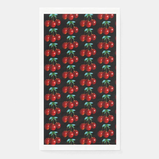 A Pattern Of Red Cherries on Stems Leaves on Black Napkin (Front)