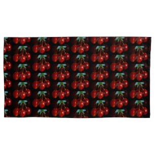 A Pattern Of Red Cherries on Stems Leaves on Black Pillowcase
