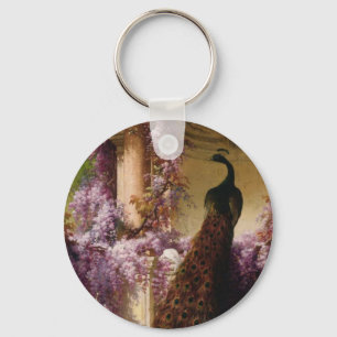 A Peacock and Doves in a Garden Print Key Ring