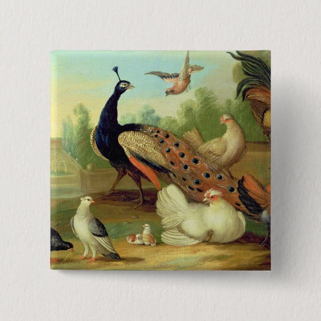A Peacock, Doves, Chickens and a Jay in a Park 15 Cm Square Badge (Front)